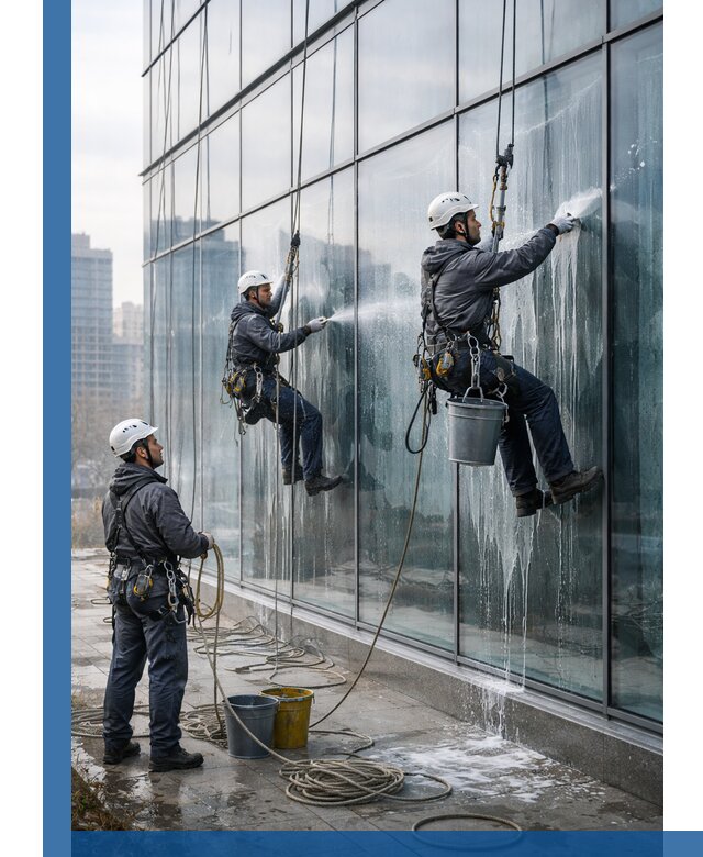 Промышленная мойка панорамных окон на высоте в Переславле-Залесском