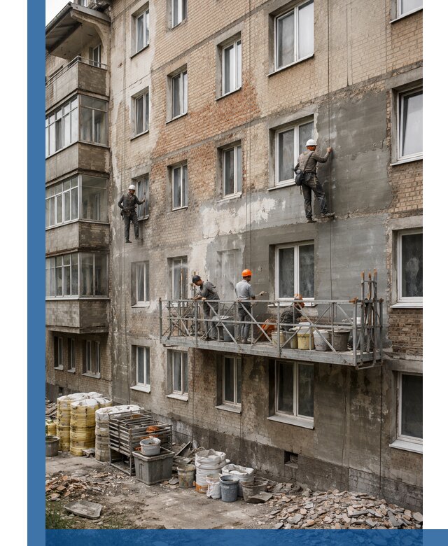 Капитальный ремонт фасада в Переславле-Залесском с восстановлением и гидроизоляцией