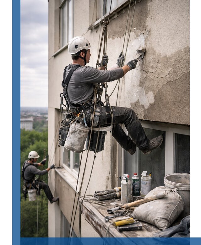 Косметический ремонт фасада зданий в Переславле-Залесском промышленными альпинистами