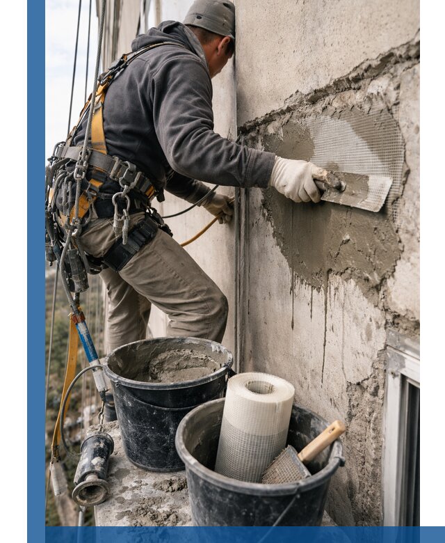 Ремонт бетонных элементов фасада промышленными альпинистами в Переславле-Залесском