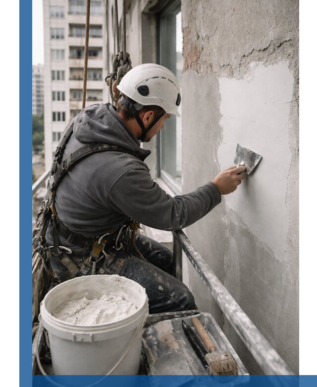 Шпаклевка фасадов на высоте с промальпинистами в Переславле-Залесском