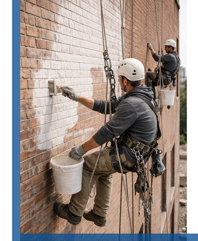 Покраска кирпичного фасада с доступным альпинистским сервисом в Переславле-Залесском