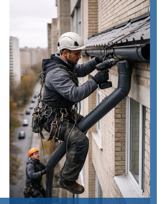 Монтаж водосточной системы на здании в Переславле-Залесском от 5190 р. | ВЫСОТНИК-Прс