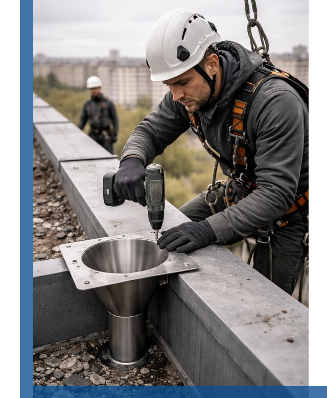 Монтаж водосточных воронок в Переславле-Залесском для промышленных зданий