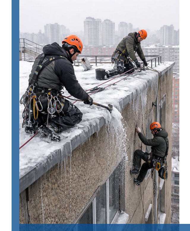 Удаление наледи с кровли в Переславле-Залесском промышленными альпинистами