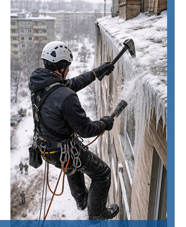 Сбивание сосулек с крыши в Переславле-Залесском по цене от 4671 р. | ВЫСОТНИК-Прс