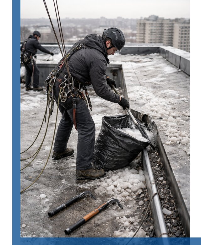 Аварийная очистка кровли в Переславле-Залесском от промальпинистов