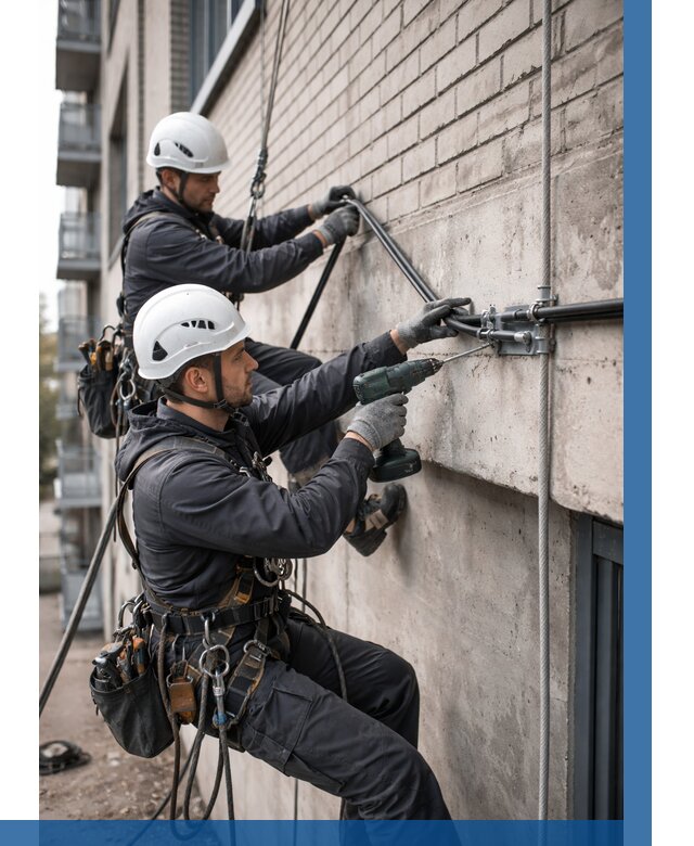 Крепление кабеля на фасаде в Переславле-Залесском от 363 р. | ВЫСОТНИК-Прс