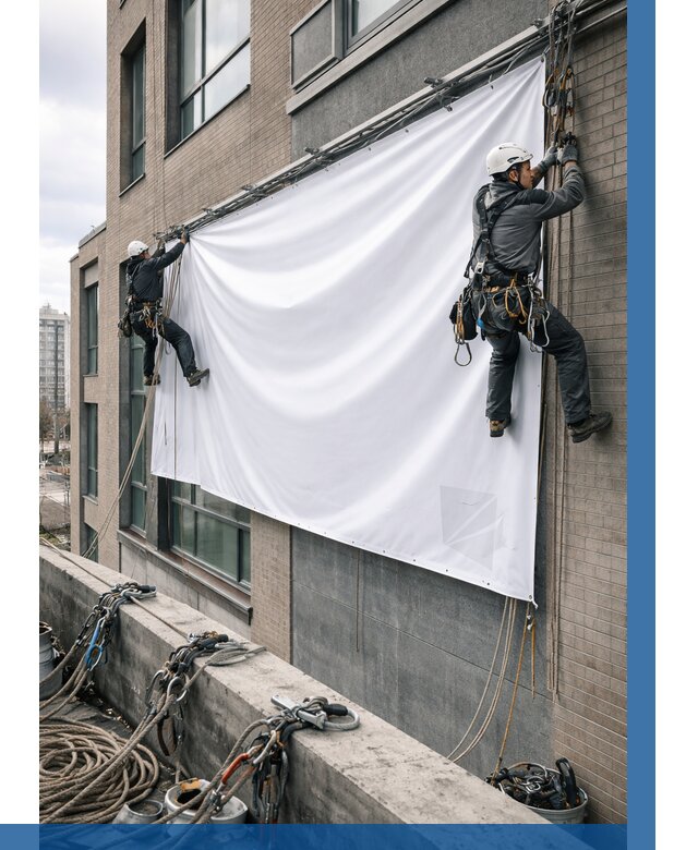 Монтаж баннеров на фасаде в Переславле-Залесском от 675 р. заказать ВЫСОТНИК-Прс