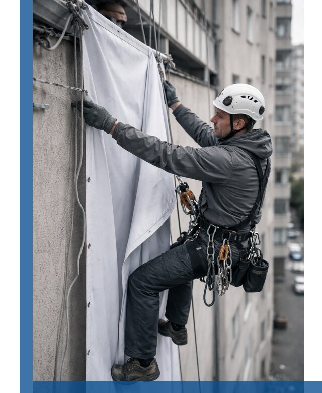 Замена баннерного полотна промышленными альпинистами в Переславле-Залесском