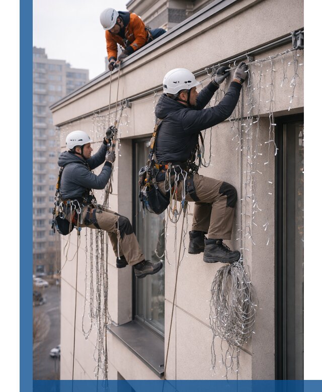 Монтаж праздничных гирлянд на фасаде в Переславле-Залесском для зданий