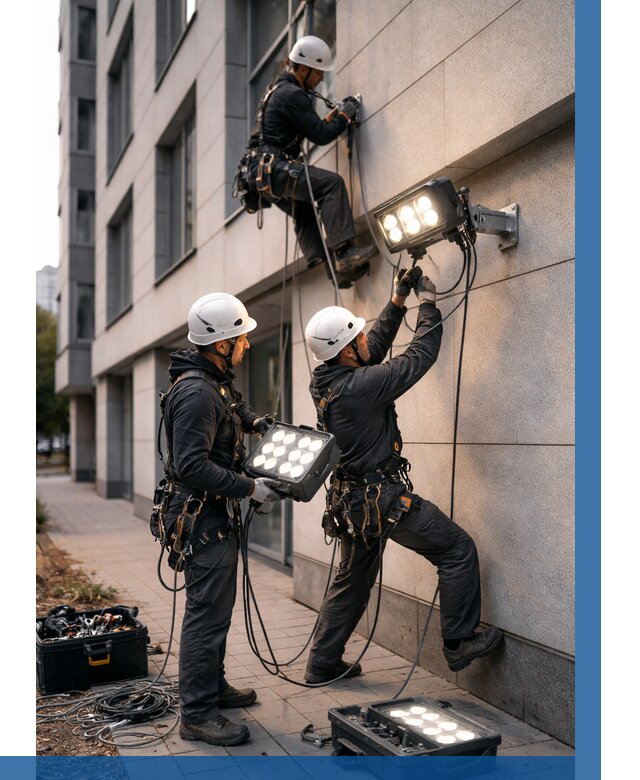 Монтаж прожекторов на фасаде в Переславле-Залесском от 7784 р. | ВЫСОТНИК-Прс