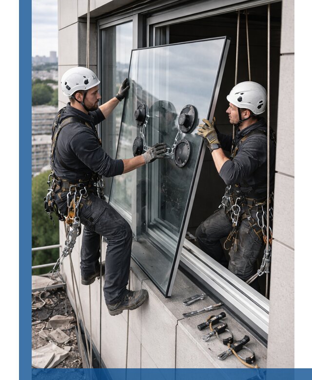 Замена стеклопакетов на высоте с промышленными альпинистами в Переславле-Залесском