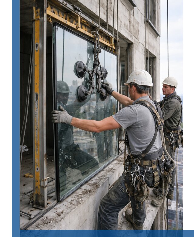 Монтаж стеклопакетов на высоте в Переславле-Залесском с промышленным альпинизмом