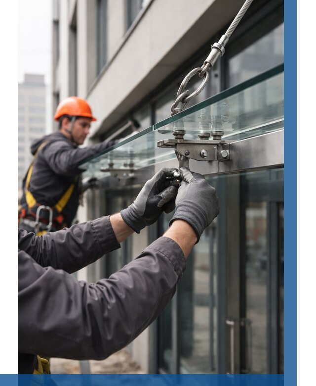 Монтаж стеклянных козырьков в Переславле-Залесском от 8822 р. | ВЫСОТНИК-Прс