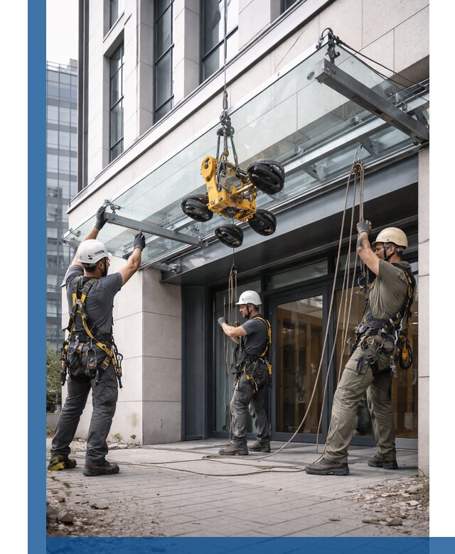 Монтаж стеклянных козырьков под ключ в Переславле-Залесском для зданий