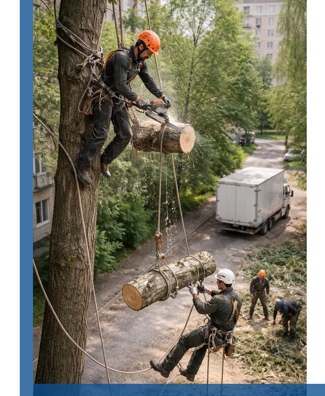 Спил деревьев альпинистами в Переславле-Залесском, безопасно и без повреждений