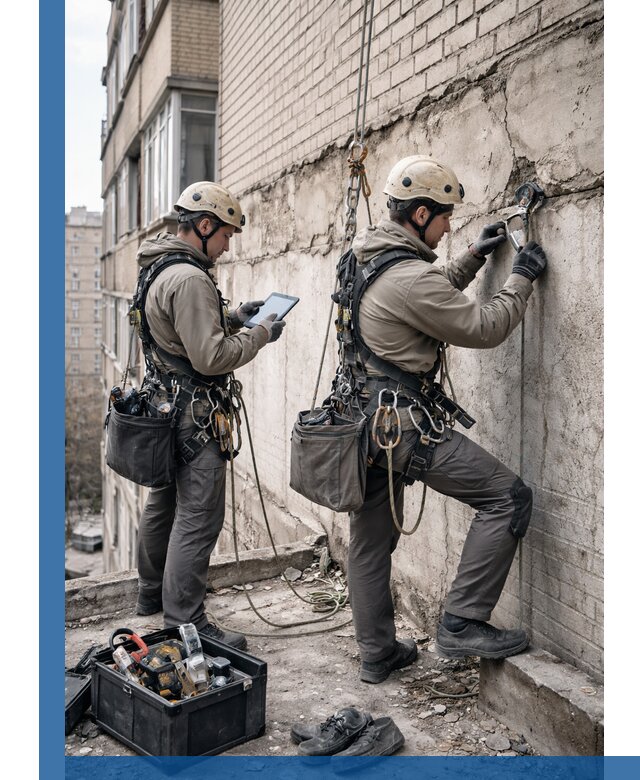 Обследование фасада промышленными альпинистами в Переславле-Залесском